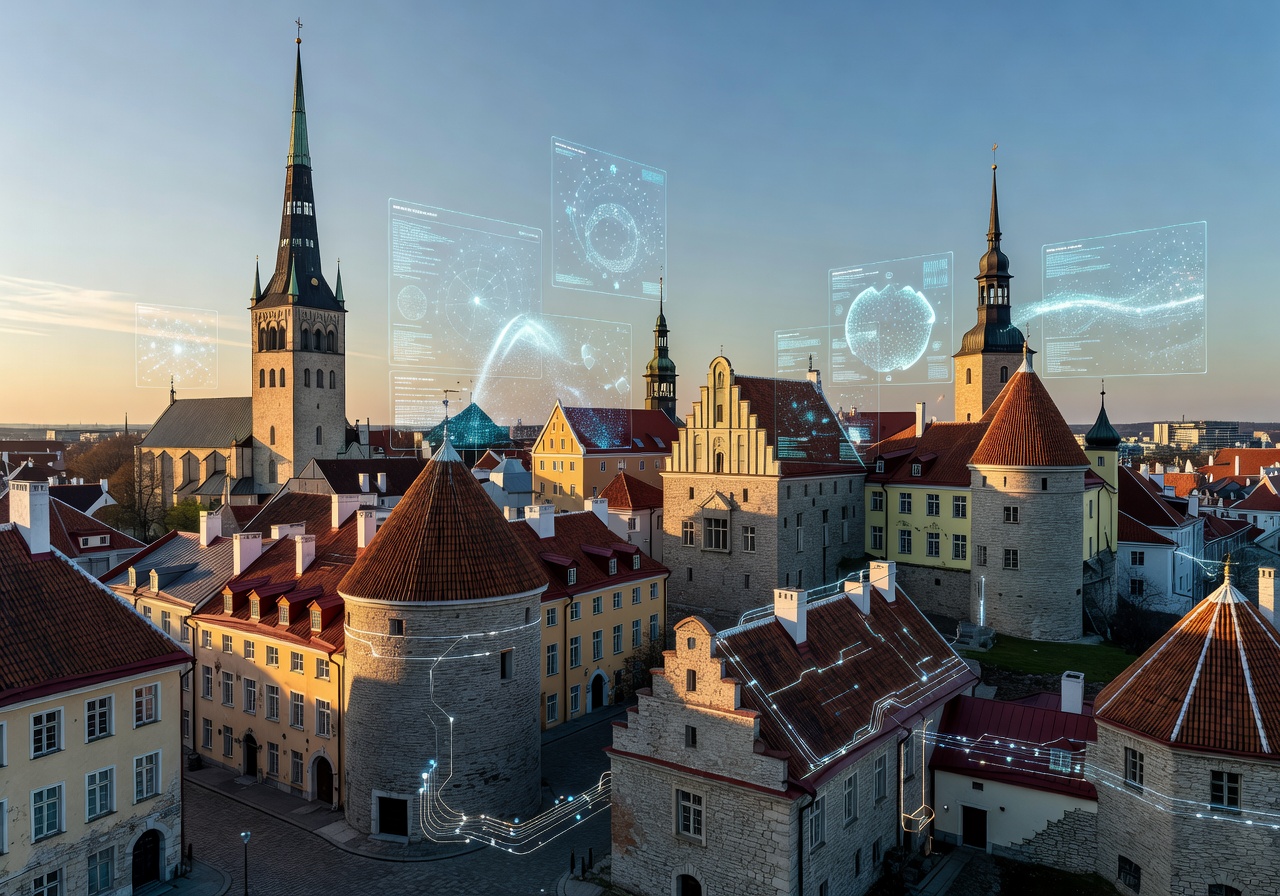 Tallinn Estonia old town skyline blending with modern tech concepts